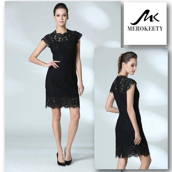 MEROKEETY Dresses & Skirts - MEROKEETY Elegant Black Lace Cocktail Dress